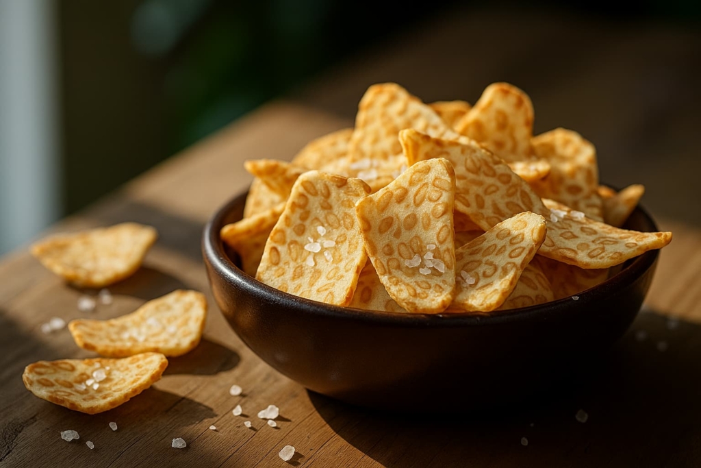 Golden-brown tempeh chips with visible soybean patterns in a dark bowl on a wooden table, sprinkled with coarse sea salt.