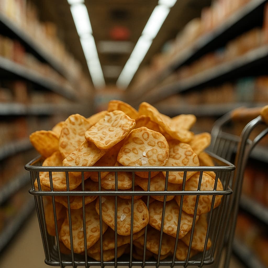 Tempeh chips with soybean patterns fill a metal shopping cart in a grocery store aisle, shelves blurred in the background.