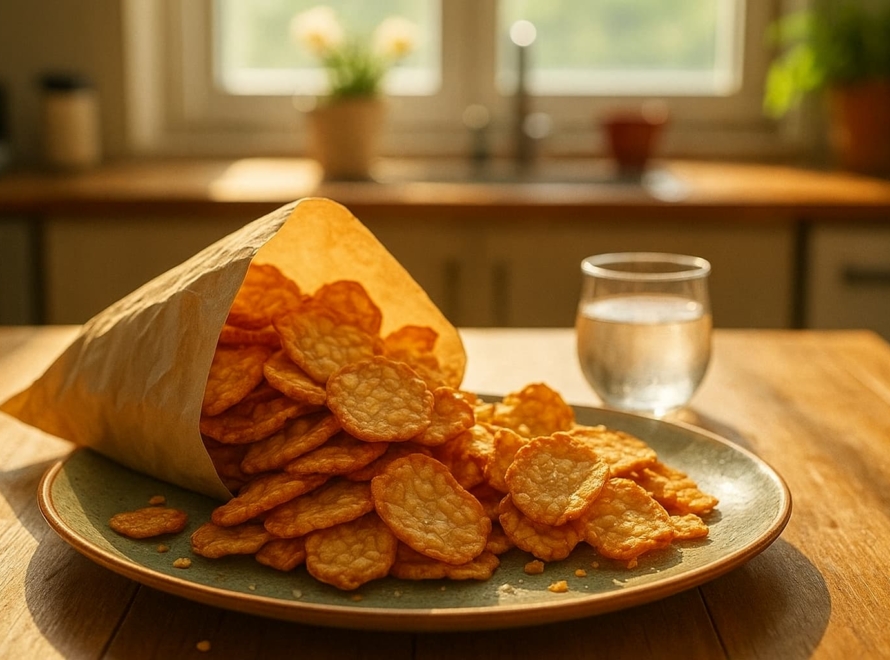 Tempeh chips with soybean patterns spill from a paper bag onto a plate in a sunlit kitchen, with a glass of water nearby.