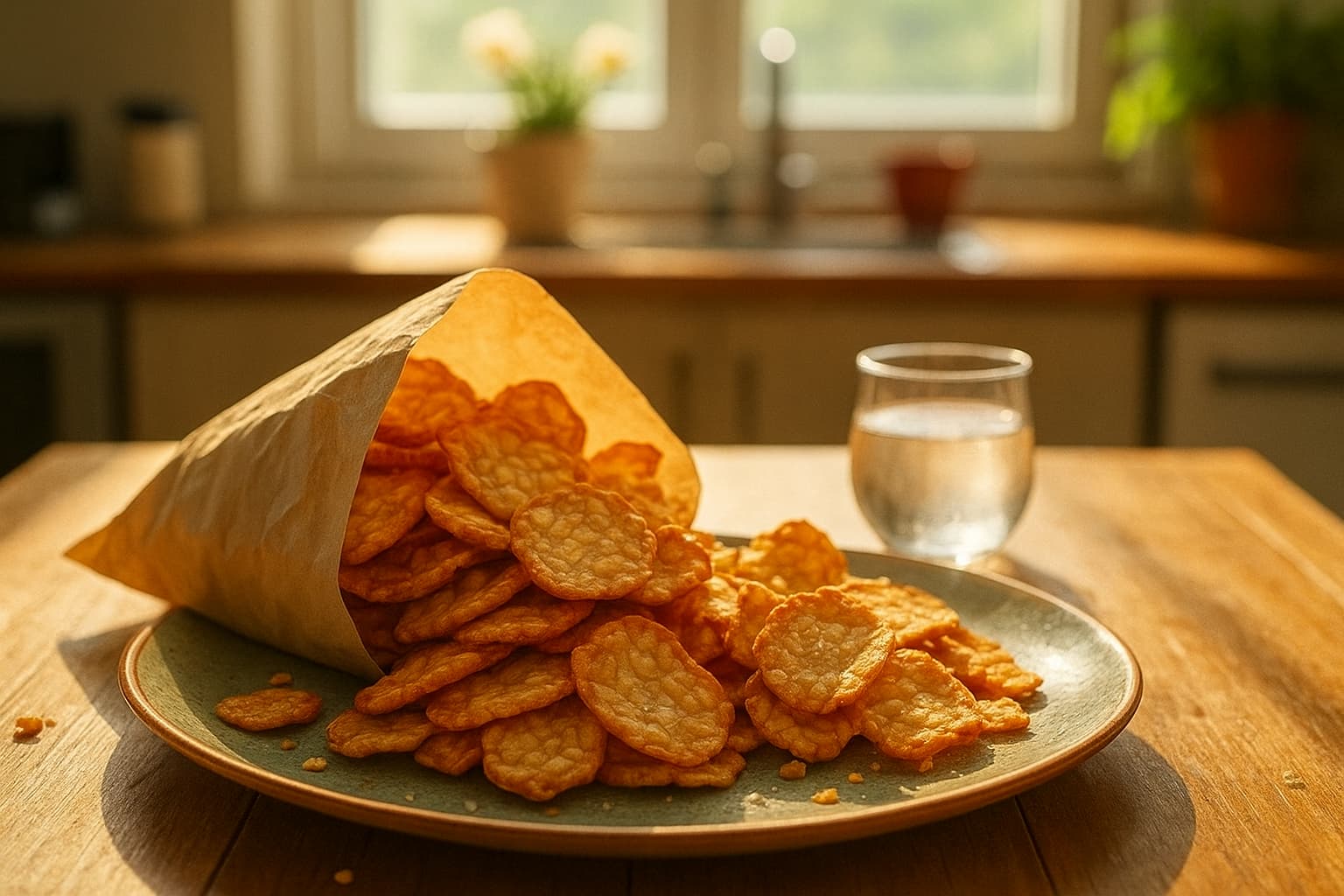 Tempeh chips with soybean patterns spill from a paper bag onto a plate in a sunlit kitchen, with a glass of water nearby.