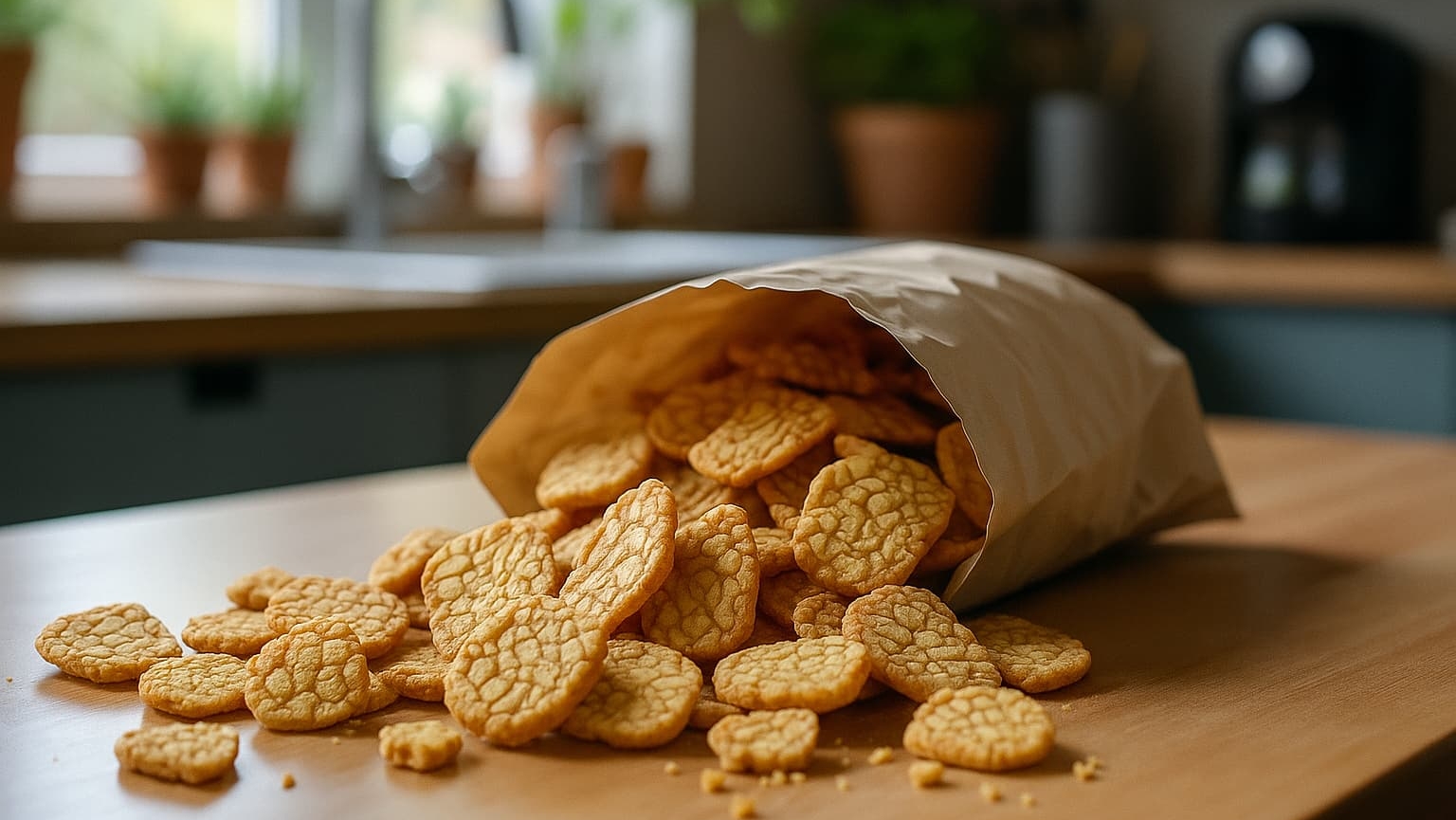 Crispy tempeh chips spill from a kraft paper bag on a wooden table, showing golden texture with natural crackle patterns in a cozy kitchen background.