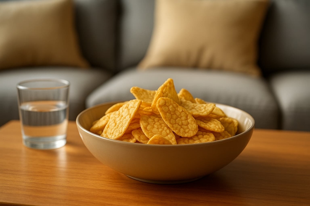 Golden crispy tempeh chips with textured patterns fill a beige bowl on a wooden table, beside a glass of water and sofa background.
