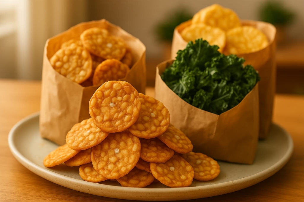 Golden-brown tempeh chips in a paper bag with kale and corn chips, served on a plate under warm natural light.
