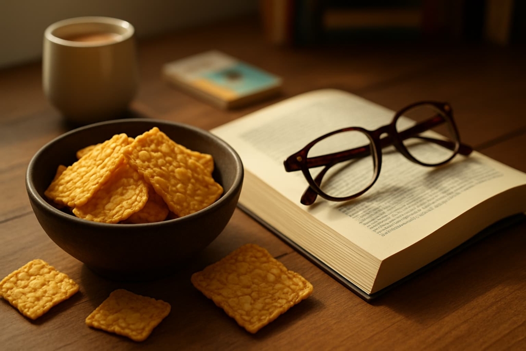 A cozy reading scene with tempeh chips in front, an open book with glasses, and warm sunlight on a wooden table.
