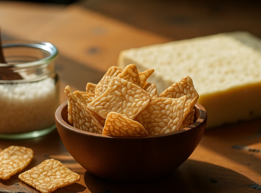 A bowl of tempeh chips beside salt and a block of cheese, prompting the question, "Are tempeh chips salty?".