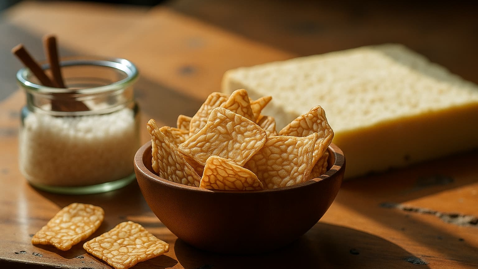 A bowl of tempeh chips beside salt and a block of cheese, prompting the question, "Are tempeh chips salty?".