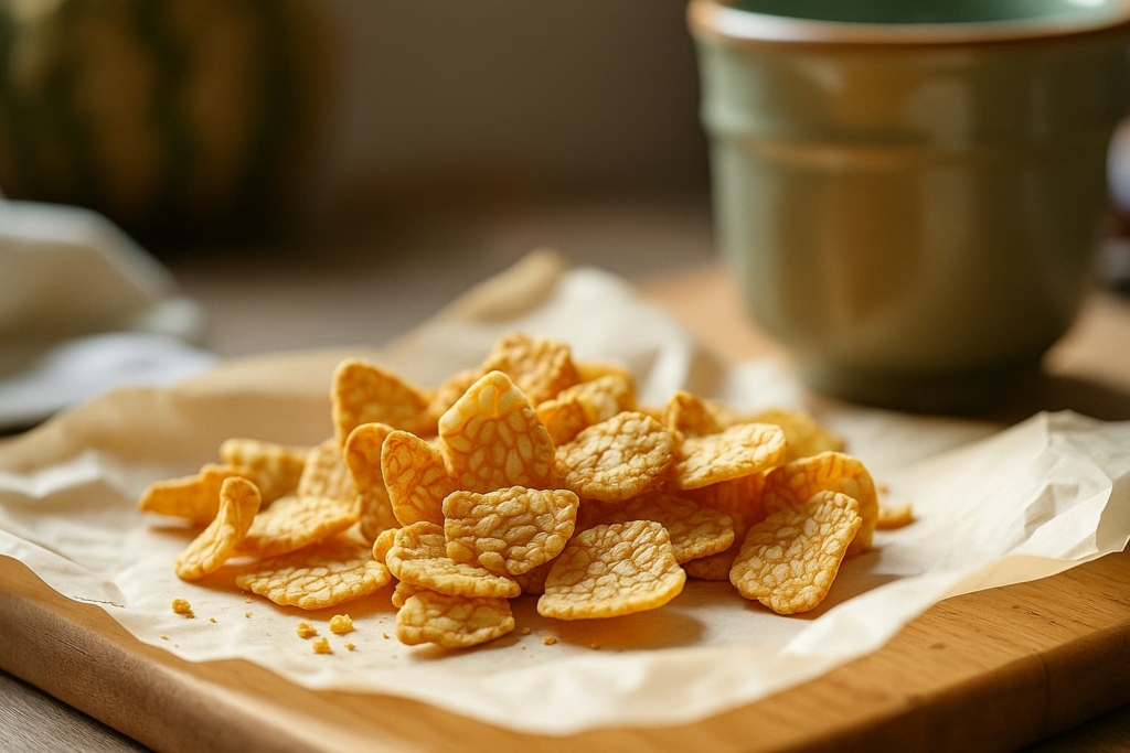 “A close-up of crispy tempeh chips on parchment paper, raising the question, "Are tempeh chips salty?" in a kitchen setting”.