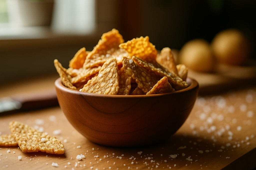 A wooden bowl filled with crispy golden-brown tempeh chips
