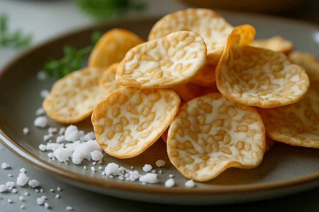 A plate of crispy tempeh chips with a golden texture, sprinkled with coarse sea salt, set on a rustic table background.
