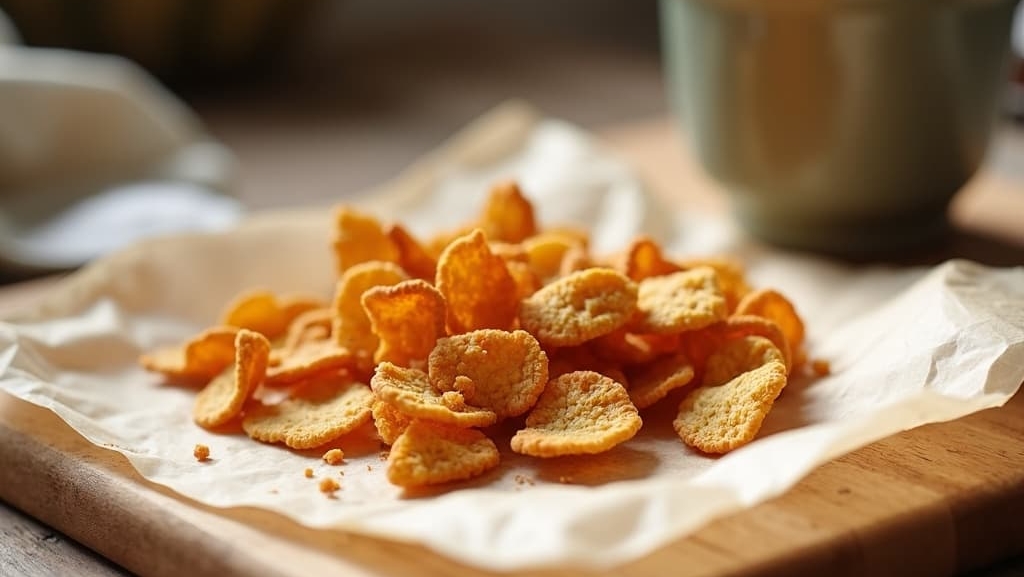 “A close-up of crispy tempeh chips on parchment paper, raising the question, "Are tempeh chips salty?" in a kitchen setting”.