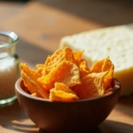 A bowl of tempeh chips beside salt and a block of cheese, prompting the question, "Are tempeh chips salty?".