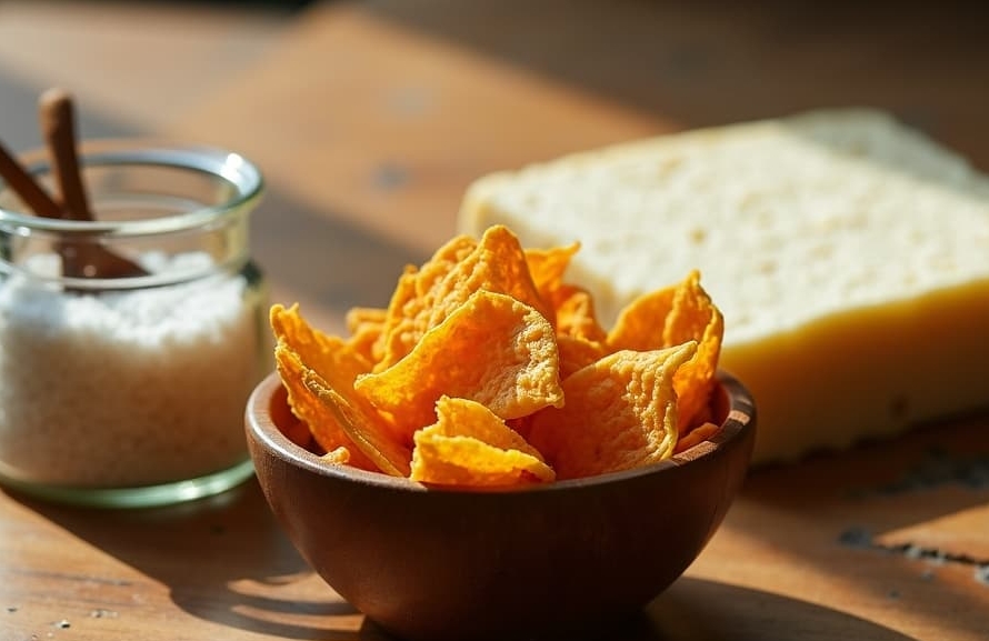 A bowl of tempeh chips beside salt and a block of cheese, prompting the question, "Are tempeh chips salty?".