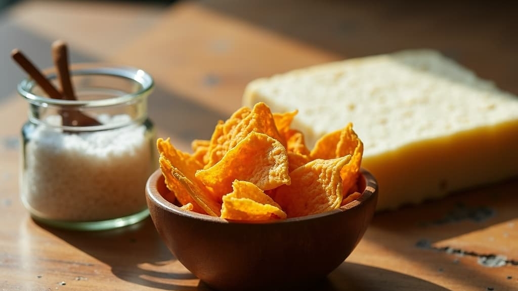 A bowl of tempeh chips beside salt and a block of cheese, prompting the question, "Are tempeh chips salty?".