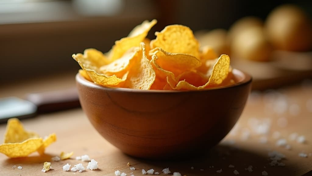 Bowl of crunchy, golden-brown sea salt chips or crackers, surrounded by scattered sea salt crystals.