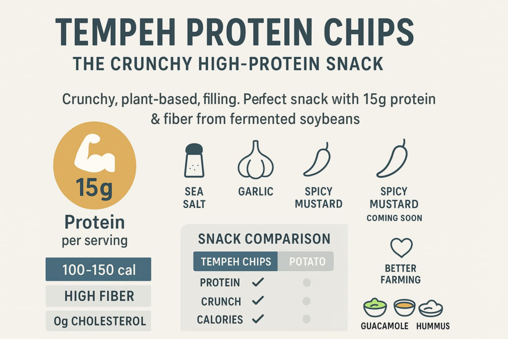 “An infographic about tempeh protein chips, highlighting their protein content, ingredients, and snack comparisons”