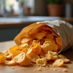 “Tempeh chips in a paper bag, with a light sea salt flavor profile, spilling out onto a kitchen counter”