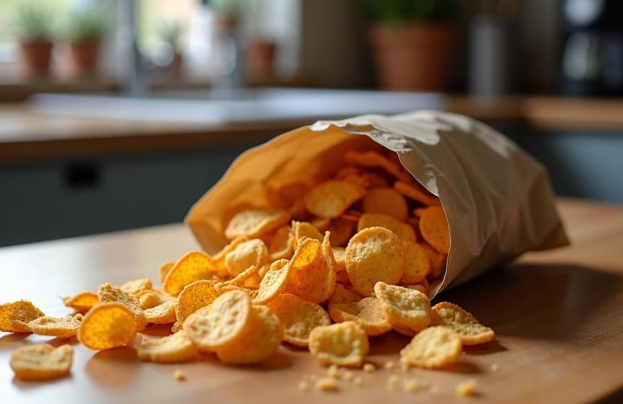 “Tempeh chips in a paper bag, with a light sea salt flavor profile, spilling out onto a kitchen counter”