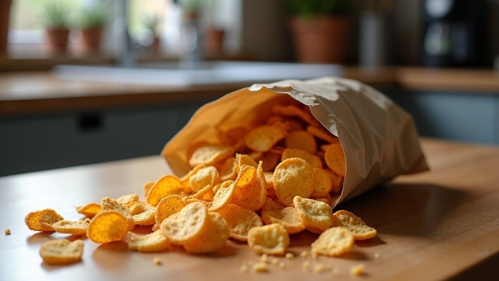 “Tempeh chips in a paper bag, with a light sea salt flavor profile, spilling out onto a kitchen counter”