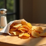 "A bag of Sea Salt Tempeh Chips spilled on a wooden table, with a salt shaker nearby and sunlight streaming in”.