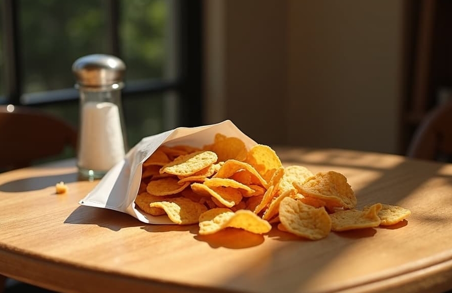 "A bag of Sea Salt Tempeh Chips spilled on a wooden table, with a salt shaker nearby and sunlight streaming in”.