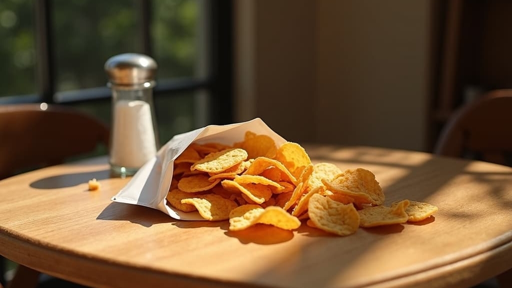 "A bag of Sea Salt Tempeh Chips spilled on a wooden table, with a salt shaker nearby and sunlight streaming in”.