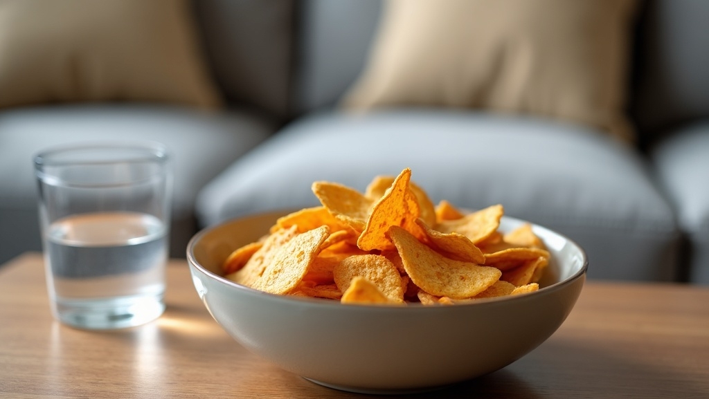 A bowl of crunchy, golden tempeh chips with a light sea salt flavor, served on a wooden table.