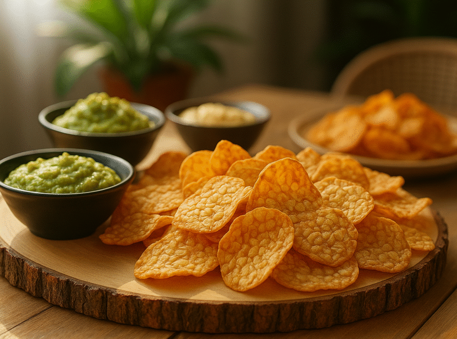 “A wooden board with various dips and a pile of orange-colored crispy chips, perfect for pairing with sea salt”.