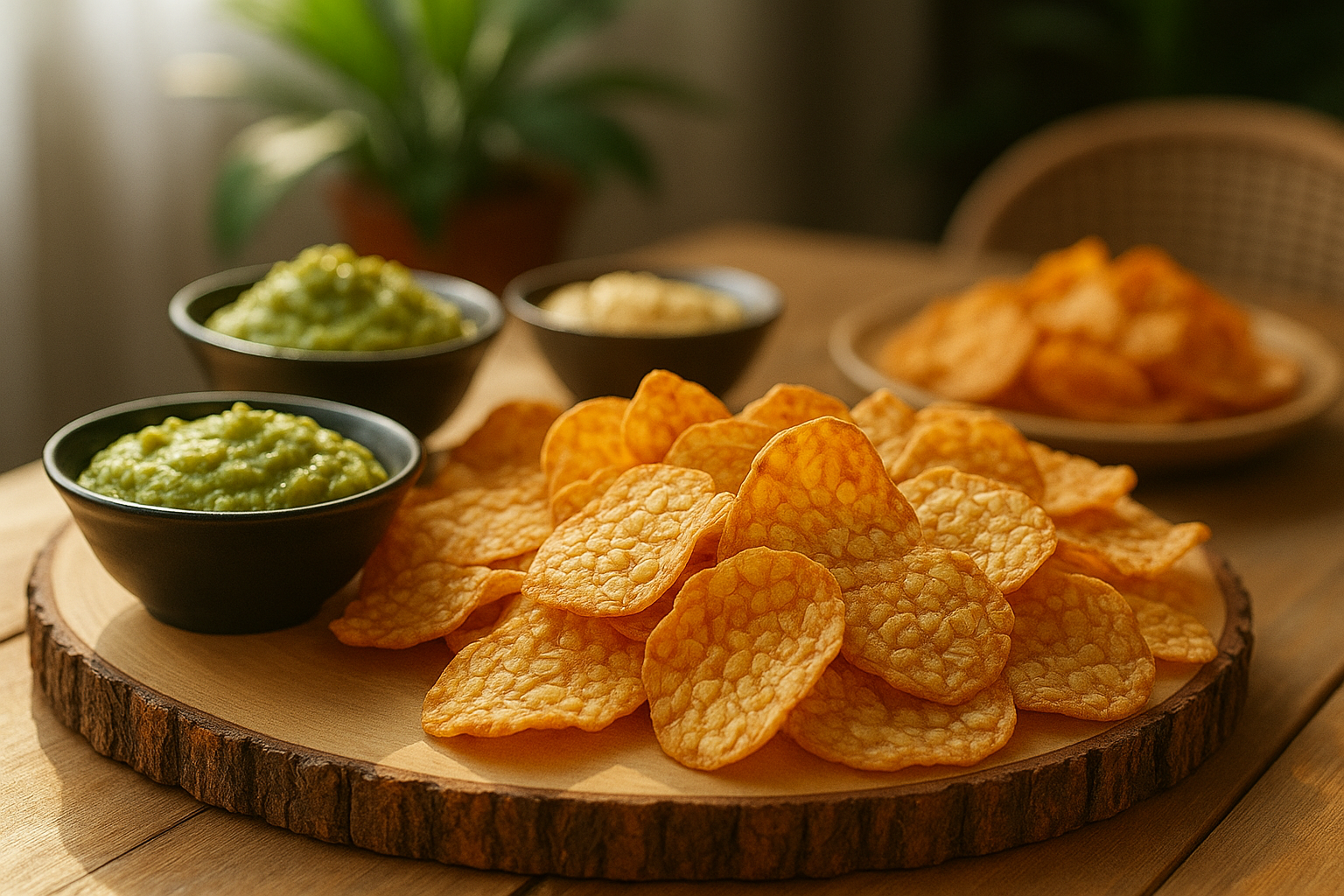 “A wooden board with various dips and a pile of orange-colored crispy chips, perfect for pairing with sea salt”.