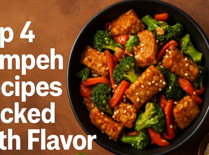 “A green background with the text "Top 4 Tempeh Recipes Packed with Flavor" prominently displayed, highlighting the main keyword”.
