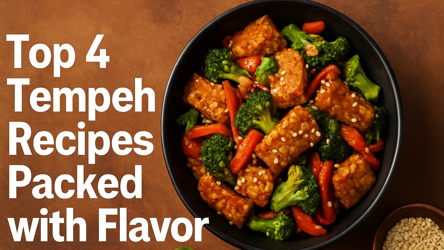 “A green background with the text "Top 4 Tempeh Recipes Packed with Flavor" prominently displayed, highlighting the main keyword”.