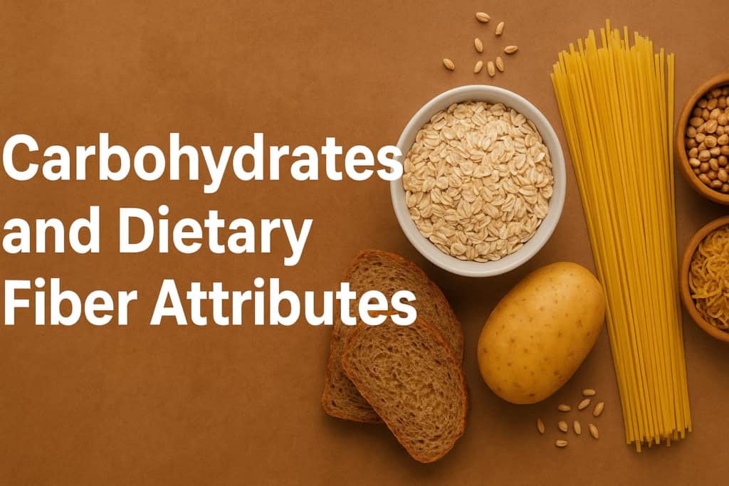 Whole grain oats, pasta, chickpeas, and a potato on a warm brown background with the text "Carbohydrates and Dietary Fiber Attributes" overlayed in bold white font.