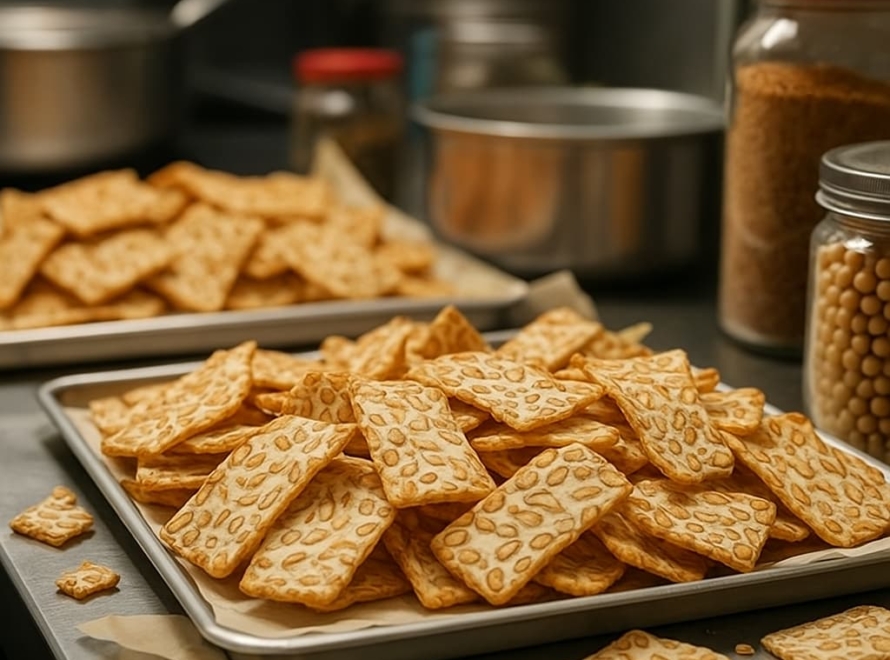 “Crispy tempeh chips, a savory snack on a kitchen counter, surrounded by spices and cooking equipment”.