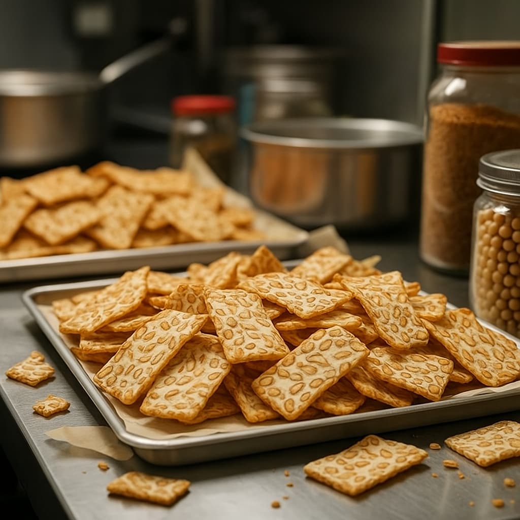 “Crispy tempeh chips, a savory snack on a kitchen counter, surrounded by spices and cooking equipment”.