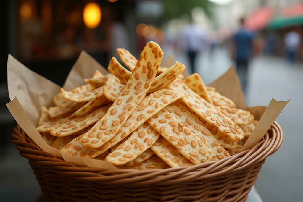 “Crispy and golden tempeh chips in a woven basket, ready to be enjoyed as a savory snack”.
