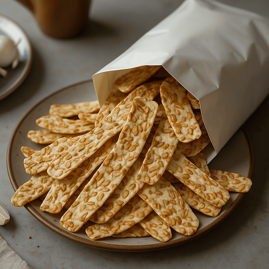 “Tangy Garlic Tempeh Chips by SoyaMaya, showcasing their crisp texture and flavorful appearance as they spill out of a paper bag”.