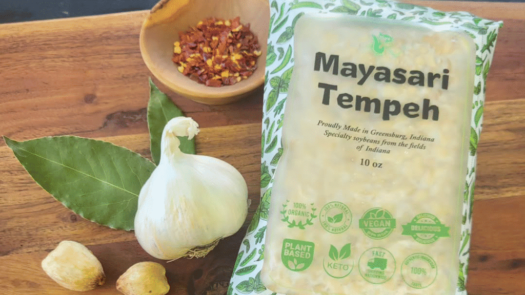 “Soya Maya Tempeh Chips displayed on a shelf. When will Tangy Garlic Tempeh Chips be available in Soya Maya”