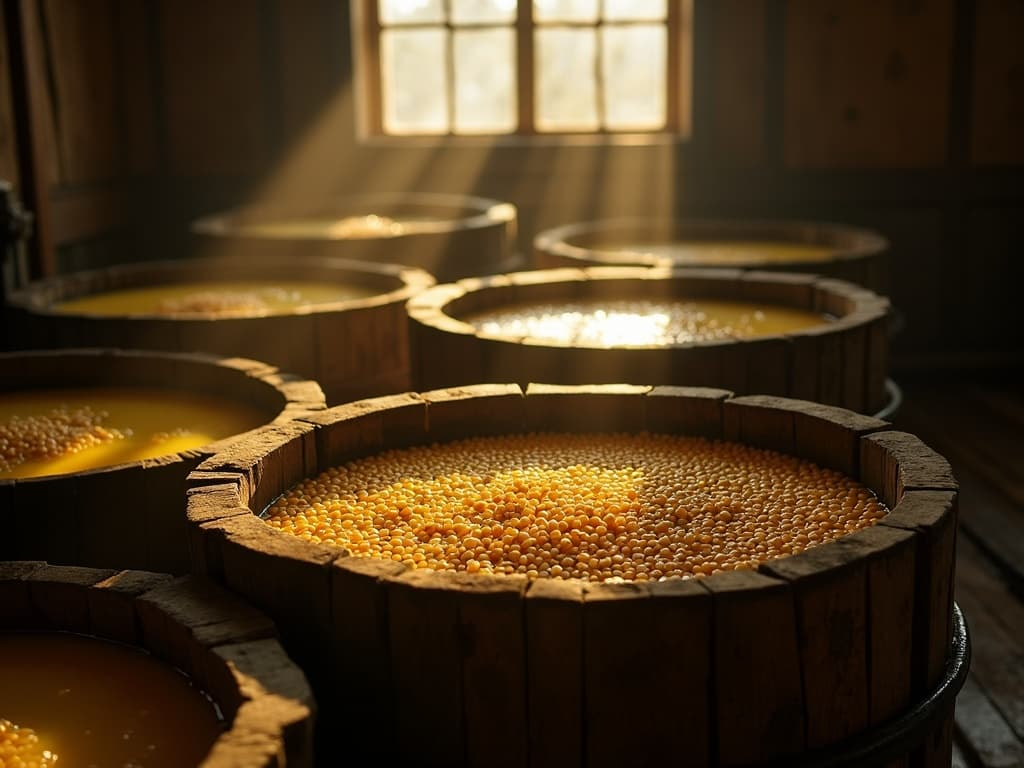 “Wooden vats filled with fermenting soybeans, showcasing the traditional process of creating nutritious tempeh”.
