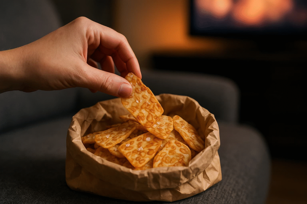 "Soya Maya's sea salt tempeh chips, freshly fried and served in a paper bag, being enjoyed by a person's hand”.