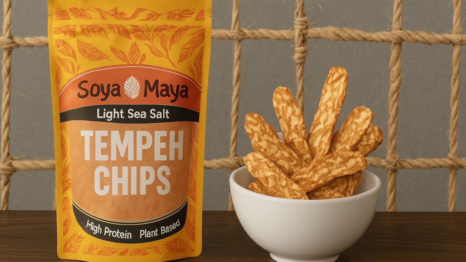 “Soya Maya's plant-based tempeh chips made with light sea salt, displayed in a package and a ceramic bowl”.