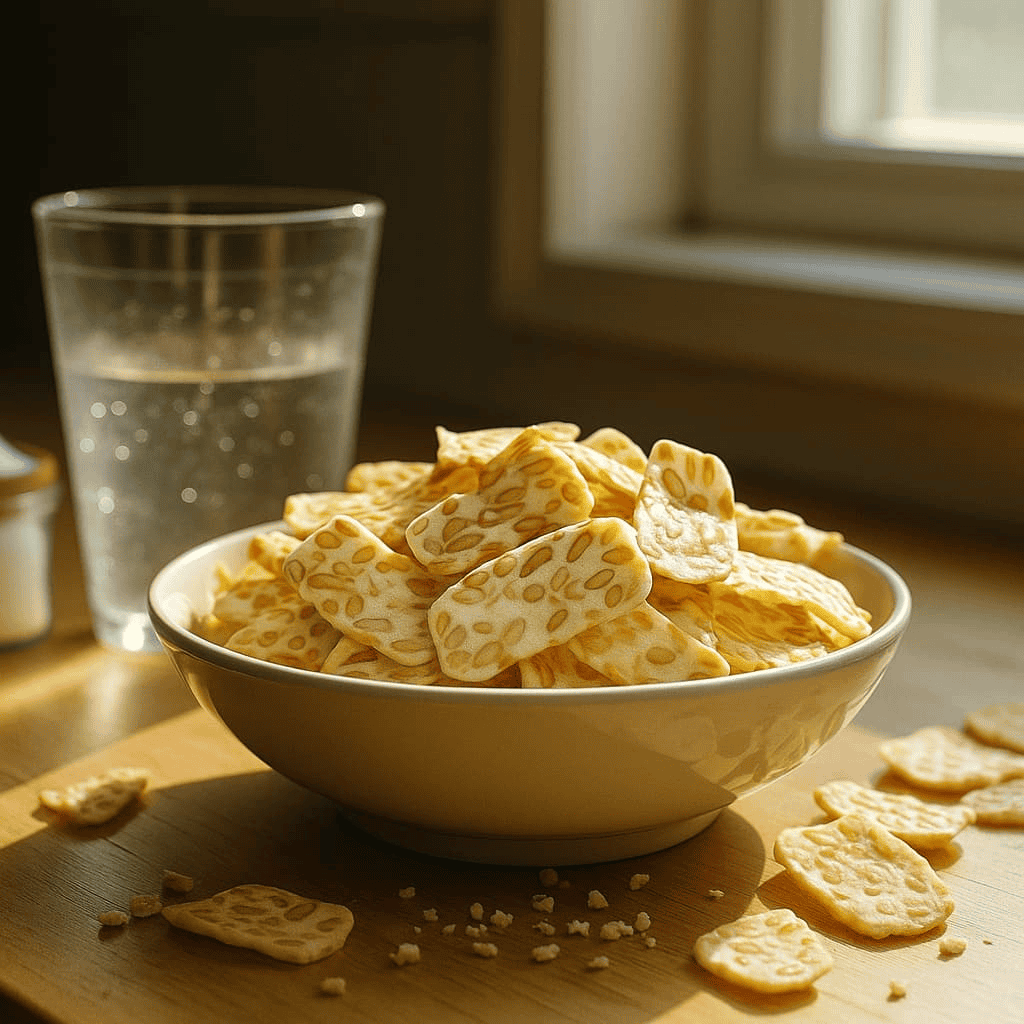 “A bowl of Soya Maya tempeh crisps, a healthy alternative to salted snacks, next to a glass of water in natural light”.