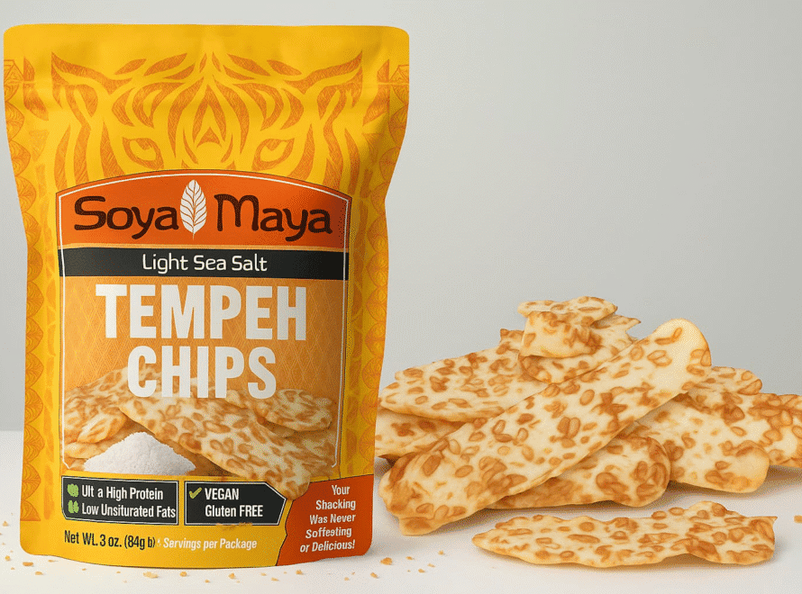 “A package of Soya Maya tempeh chips, showcasing a healthy alternative to salted snacks with a light sea salt label”.