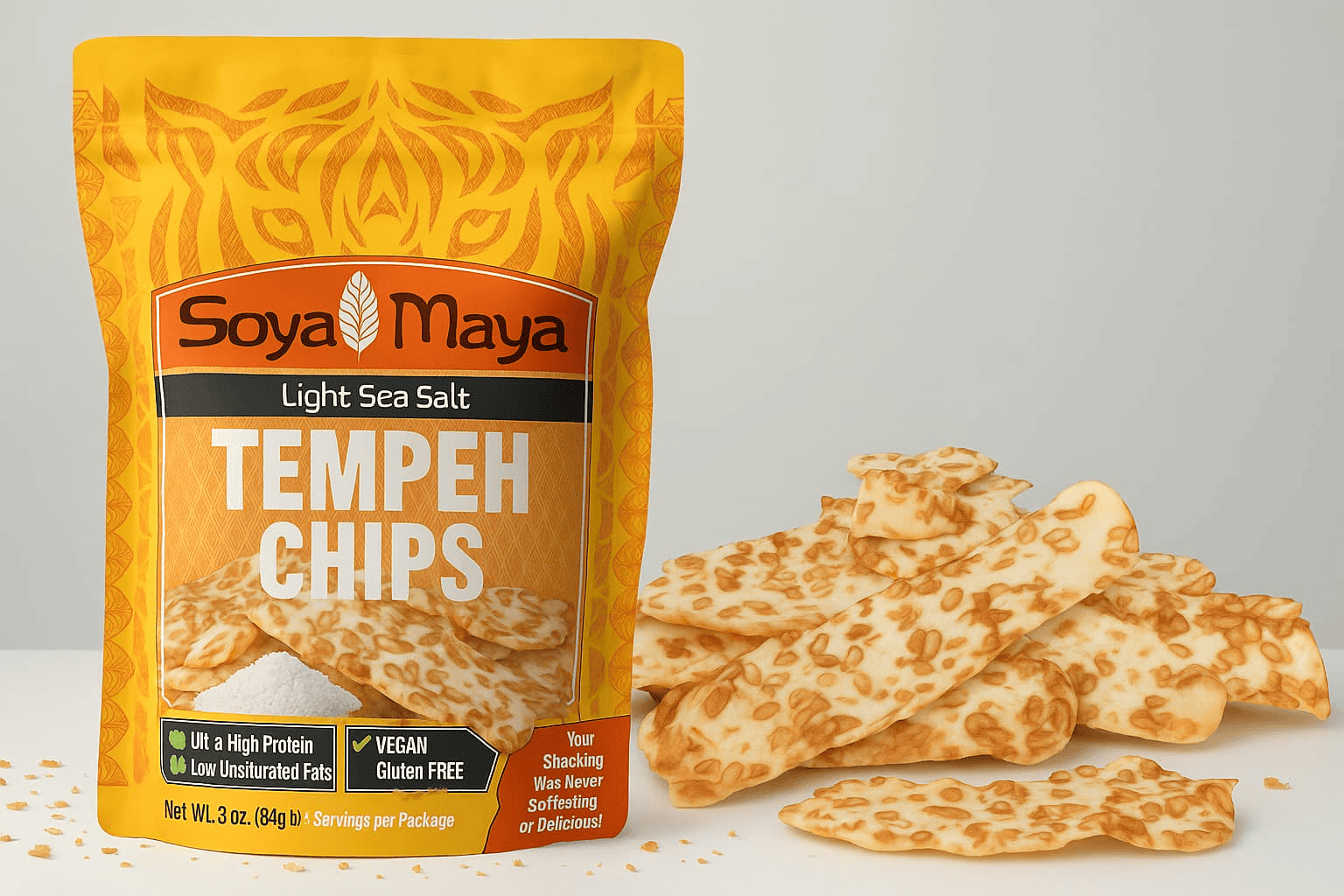 “A package of Soya Maya tempeh chips, showcasing a healthy alternative to salted snacks with a light sea salt label”.