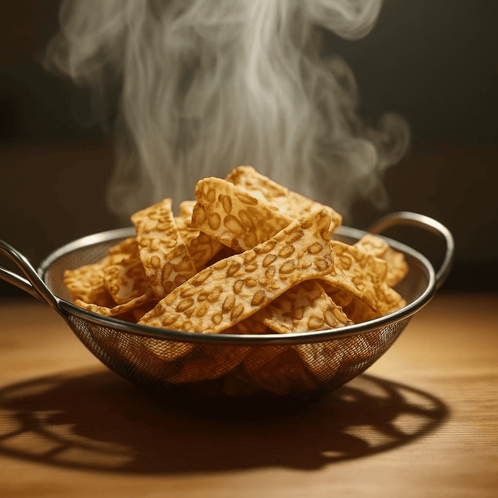 “A steaming bowl of Soya Maya tempeh chips, highlighting what makes them crunchy and savory with a golden, crispy texture”.