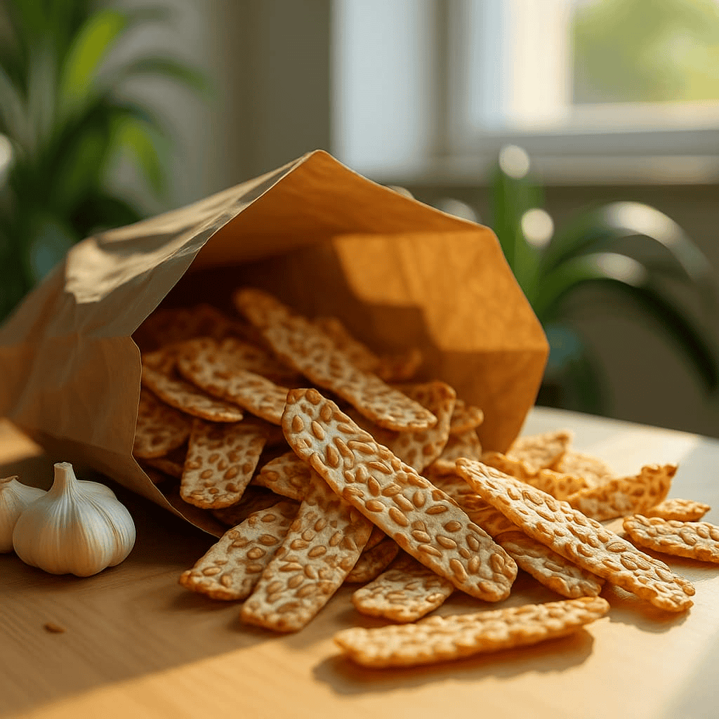 “Crisp and flavorful Tangy Garlic Tempeh Chips by Soya Maya, spilling out of a paper bag and accompanied by fresh garlic cloves”.