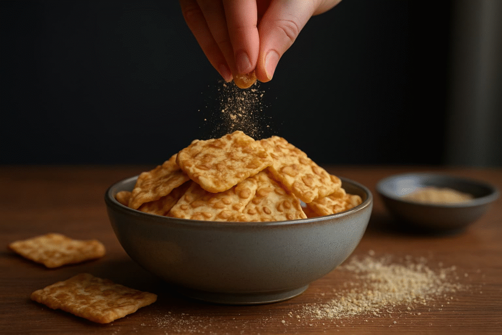 “A hand sprinkles seasoning over a bowl of Soya Maya's Tangy Garlic Tempeh Chips, highlighting the flavorful appeal of this vegan, gluten-free snack”.