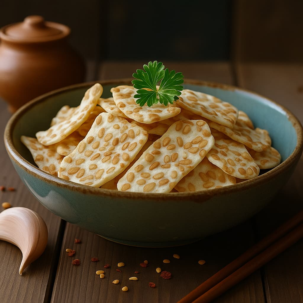 “Tangy Garlic Tempeh Chips from Soya Maya, a vegan and gluten-free snack option featuring a savory flavor profile”.