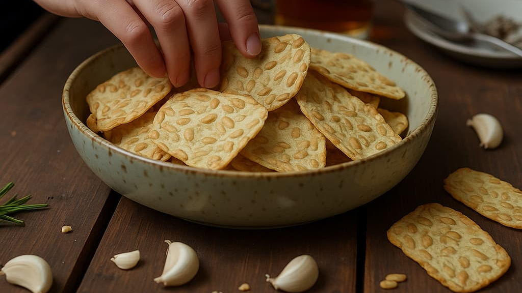 “A hand reaching for Soya Maya Tempeh Chips in a bowl with garlic cloves nearby. When will Tangy Garlic Tempeh Chips be available Soya Maya”