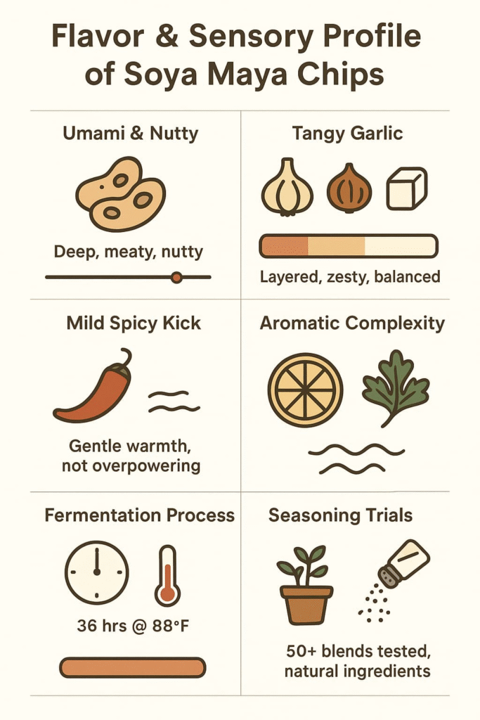 “what are tangy garlic flavor and sensory profile of Soya Maya Chips, including Umami & Nutty, Tangy Garlic, Mild Spicy Kick, and Aromatic Complexity”.