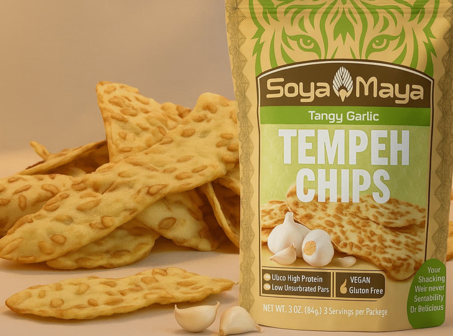 “What are Tangy Garlic Tempeh Chips by Soya Maya, a vegan and gluten-free snack made from high-protein tempeh with a bold garlic flavor”.