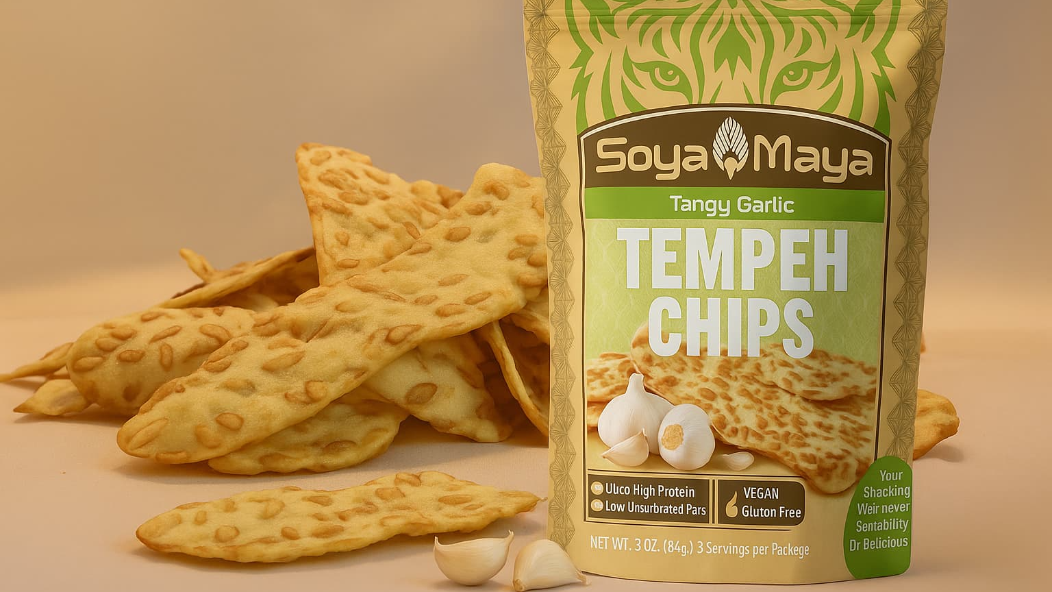 “What are Tangy Garlic Tempeh Chips by Soya Maya, a vegan and gluten-free snack made from high-protein tempeh with a bold garlic flavor”.